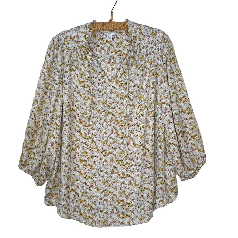 Carolina Belle Floral Blue Peasant Blouse Tie Neck Flowy Womens‎ 2X Plus Summer